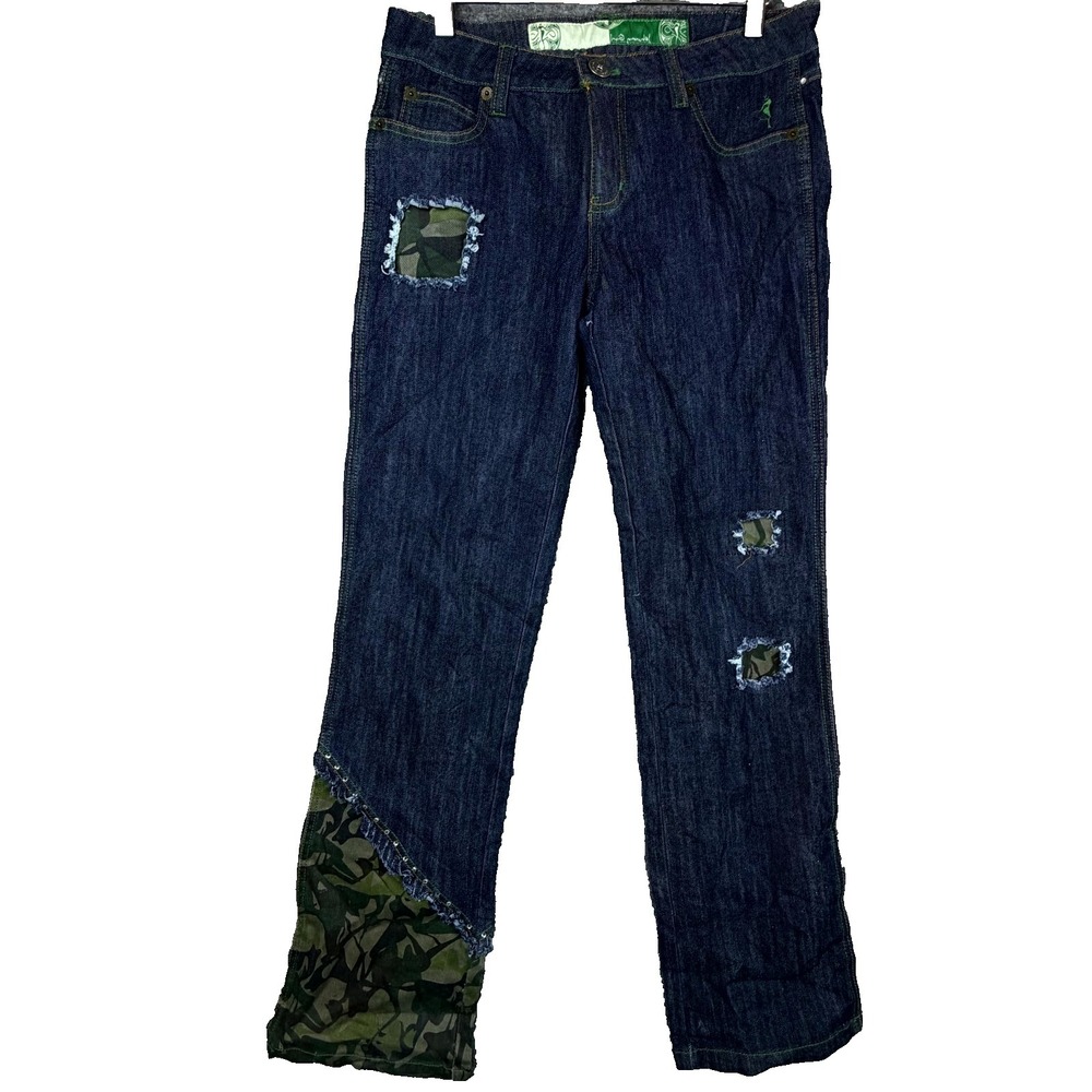 Johnny Girl Jeans Women 8/9 Camo Patches Y2K Distressed‎ Rhinestones Embellished